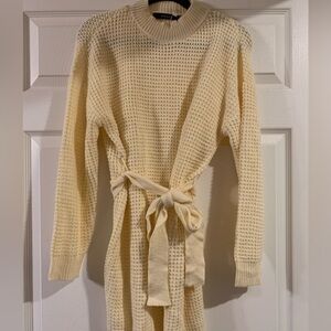 Cream Knit Belted Sweater Dress